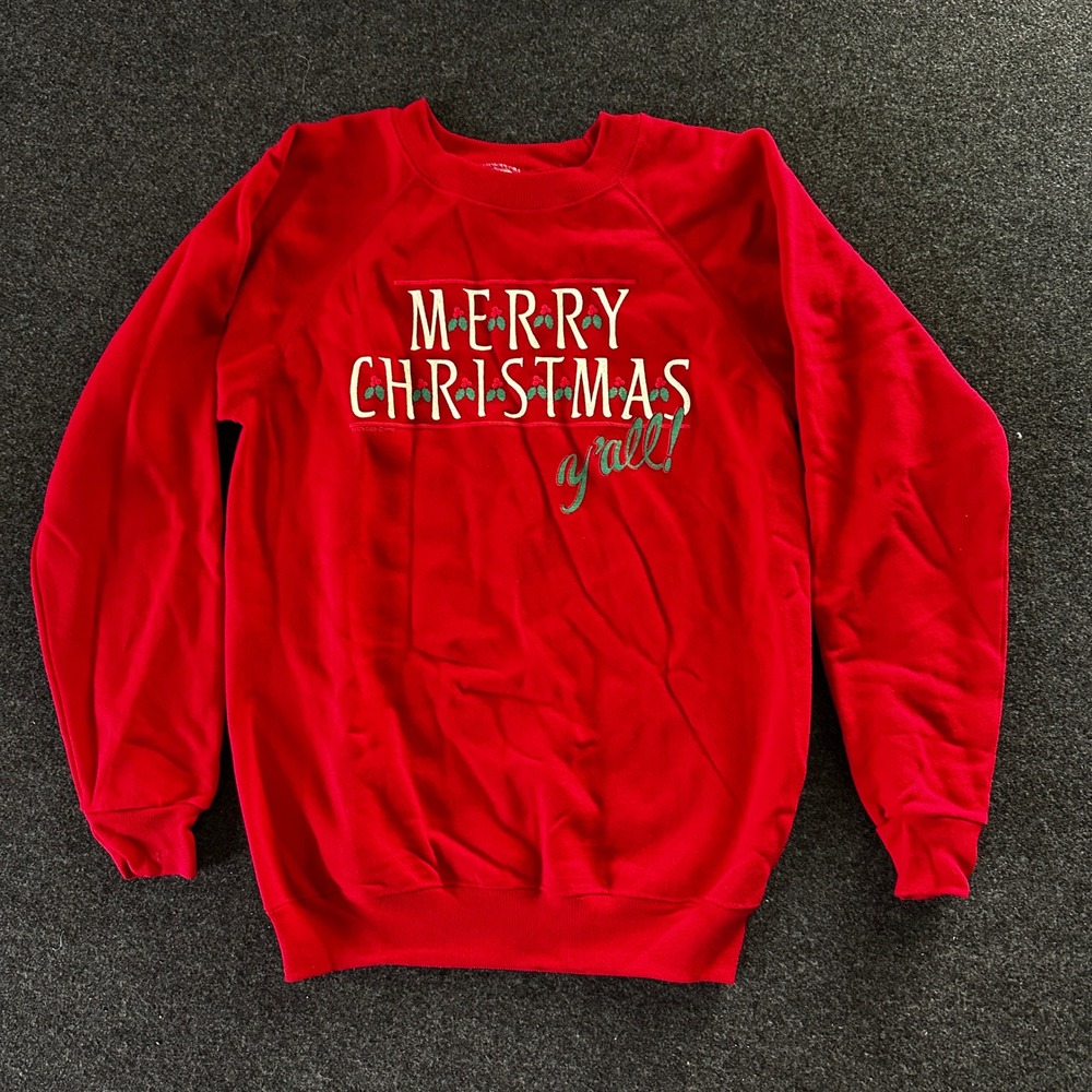 Vintage 1990 Hanes Merry Christmas Yall Sweatshirt Red Graphic Pullover USA M